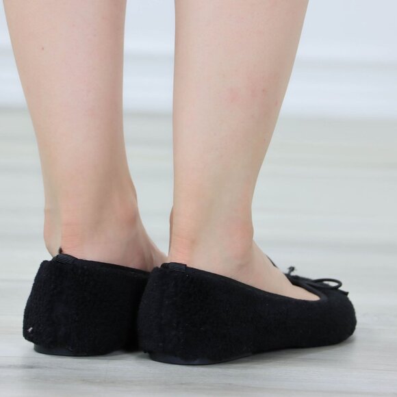Black Ballet Flats Bow Detail Rounded Toe Slip-On Sherpa Upper - Picture 8 of 13
